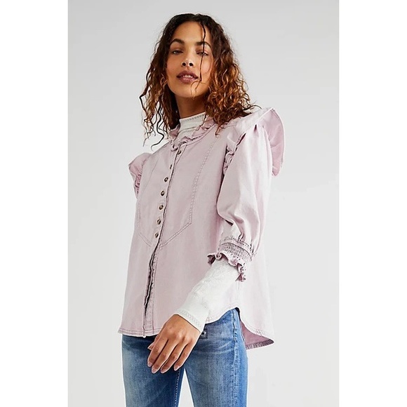 Free People Tops - NWT Free People We the Free Louise Denim Ruffle Western Button Down Top in Lilac